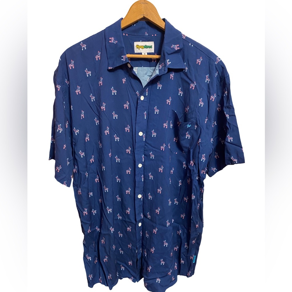 Tipsy Elves‎ Men's Blue Neon Piñata Hawaiian Button Down Shirt Size XXL